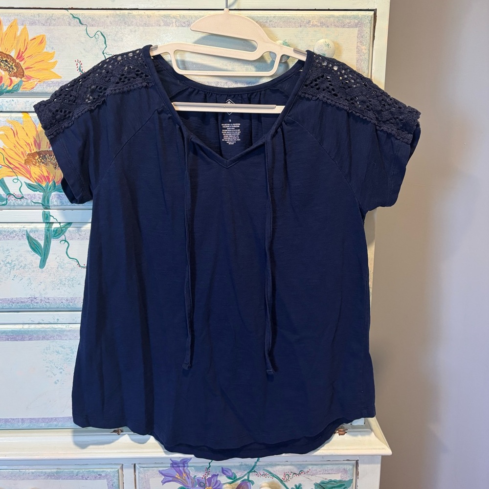 St. John's Bay Navy Blue Women's Blouse with Lace Accents
